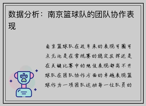 数据分析：南京篮球队的团队协作表现