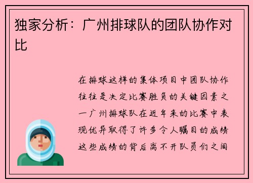 独家分析：广州排球队的团队协作对比