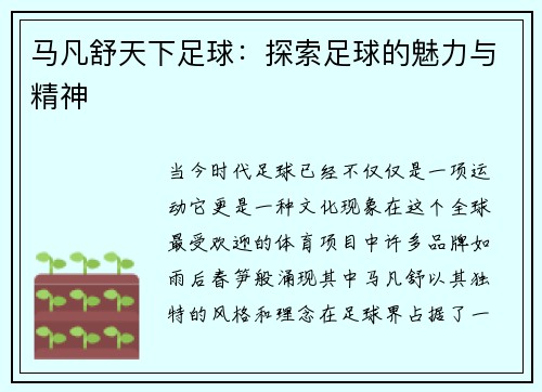 马凡舒天下足球：探索足球的魅力与精神